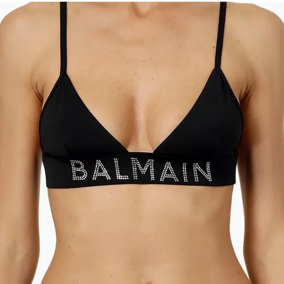 Balmain's triangle bikini top showcases a stretchy underbust with logo detail. - Picture 3 of 3